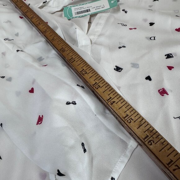 NWT Daniel Rainn Split Neck Blouse White Novelty Print Roll Tab Sleeve Women’s S - Picture 9 of 12